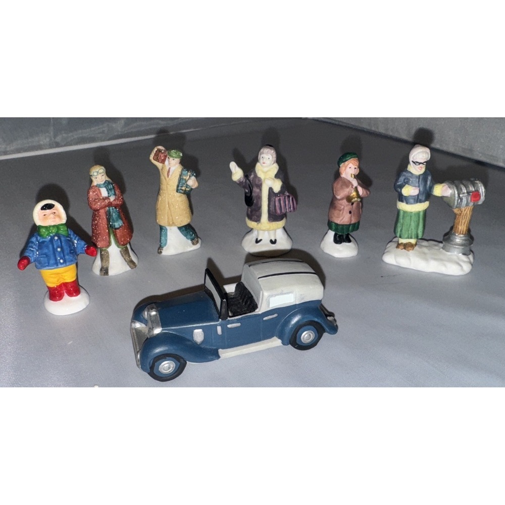 Department 56‎  Village People And Vintage Blue Car  7 Piece Lot